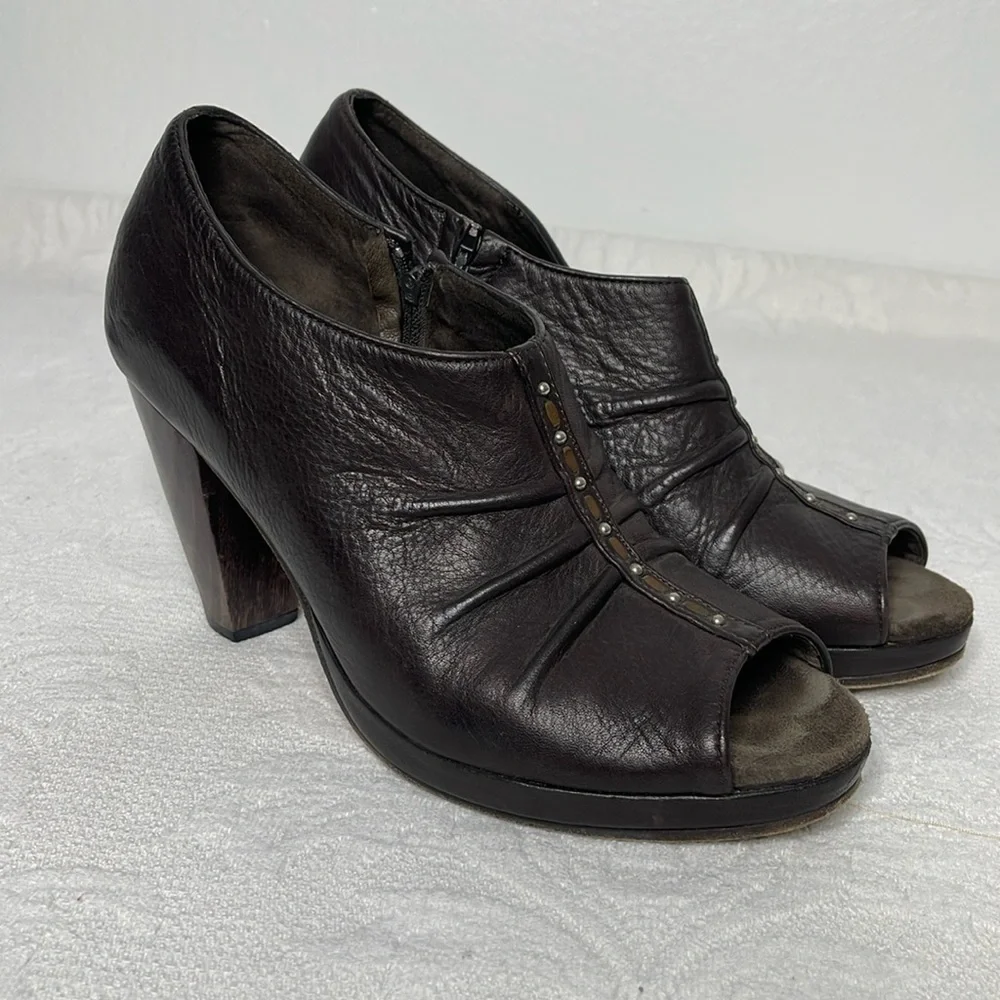 Calleen Cordero Brown Leather Peep Toe Studded Zip Booties Size US 7.5